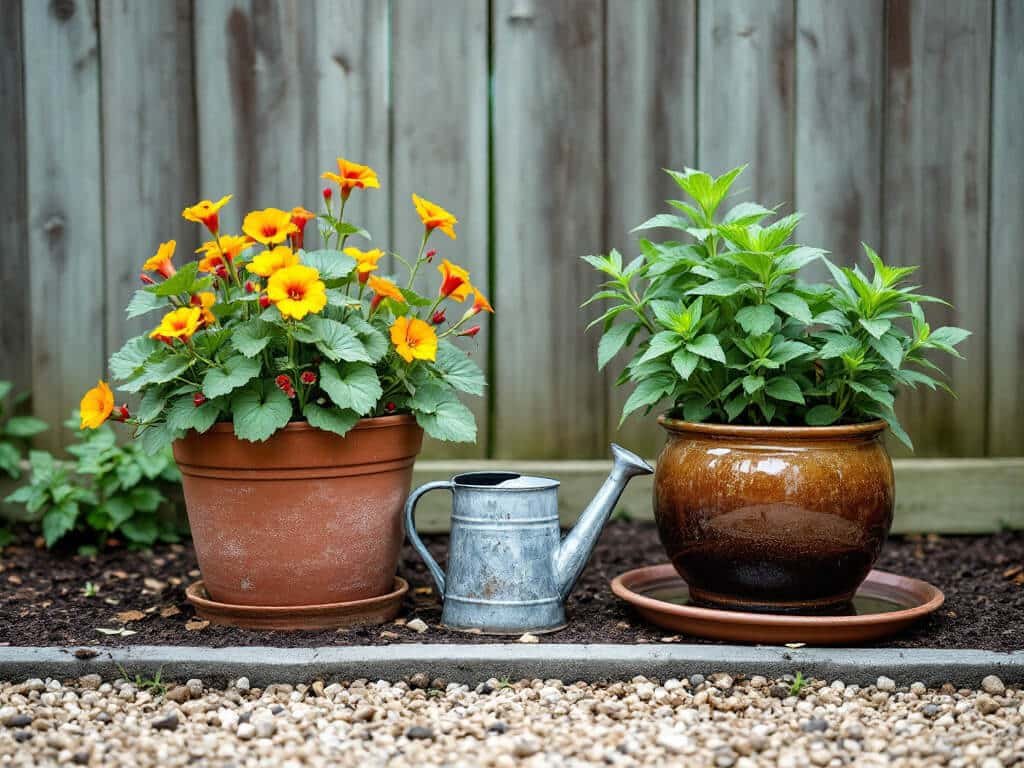 Nasturtium in a dry terracotta pot and mint in a wet glazed pot, kept apart on a patio.