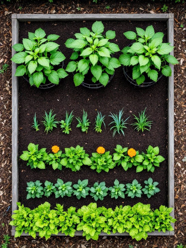 Overhead view of a raised bed with caged tomatoes spaced apart and basil, marigolds, chives, and lettuce at the edges.