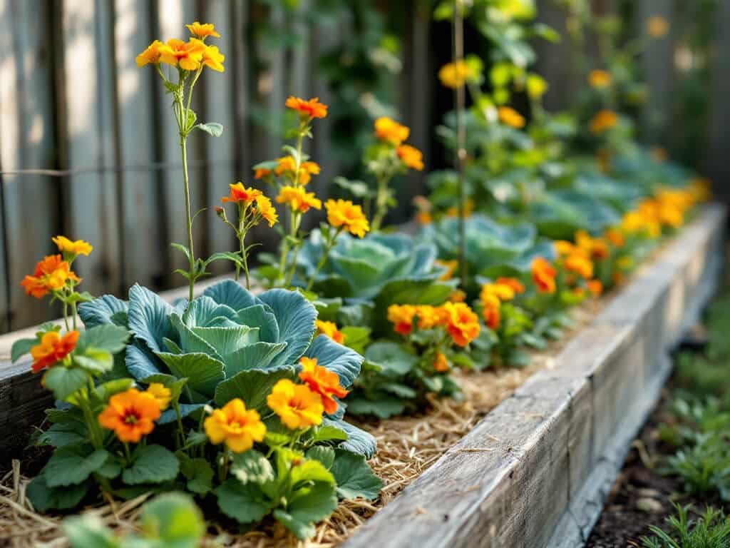 Raised bed with cabbages, bush nasturtiums spaced along the edge, and a trailing nasturtium on a trellis.