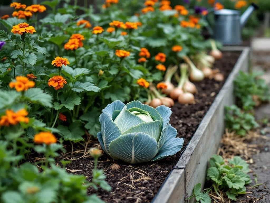 Cabbage heads growing in a raised bed with onions, French marigolds and nasturtiums along the edge.