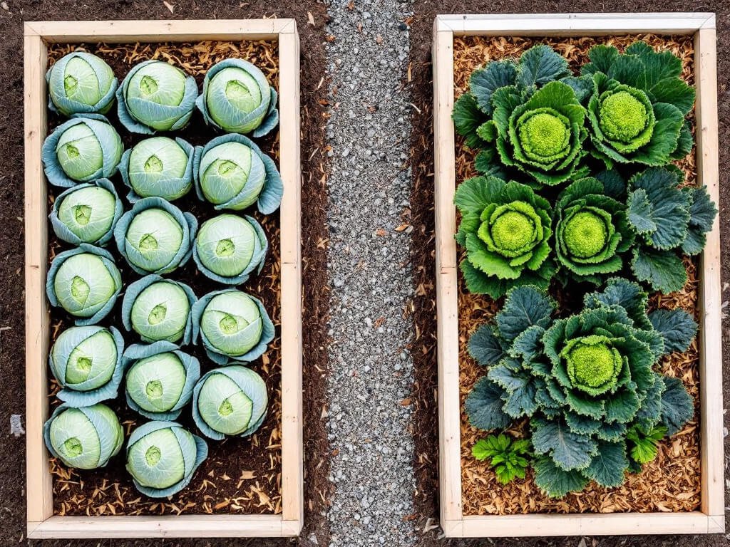 Cabbage in one raised bed and broccoli and kale in a second bed, separated by a gravel path.