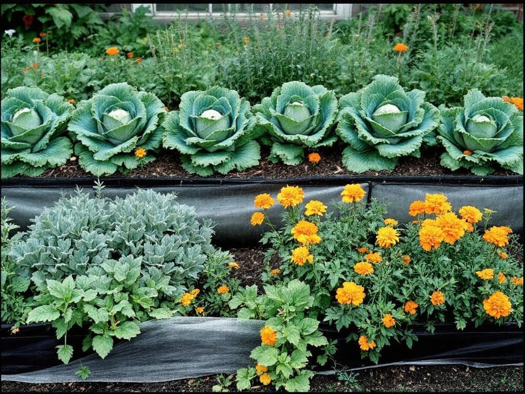 Raised bed with evenly spaced cabbage plants, onions, marigolds, thyme and nasturtiums around the edges.