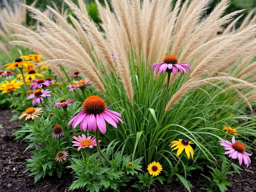 Karl Foerster grass plumes growing with purple coneflower and black-eyed Susan in a mulched home garden border.