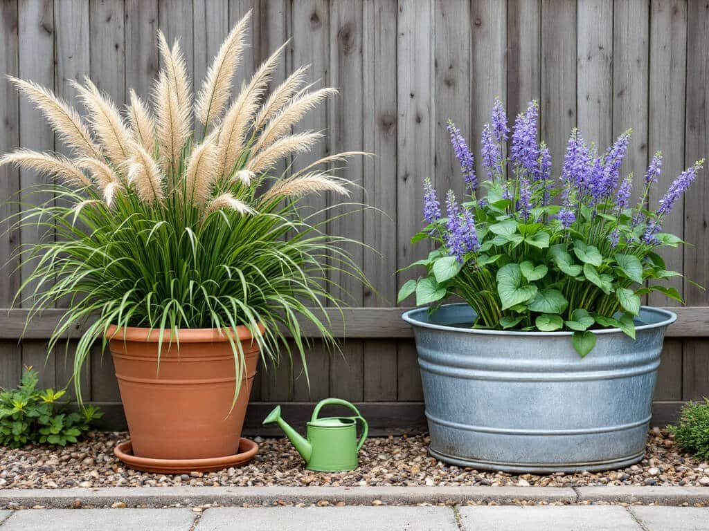 Karl Foerster grass in a terracotta pot beside a separate tub of pickerelweed standing in water on a patio.