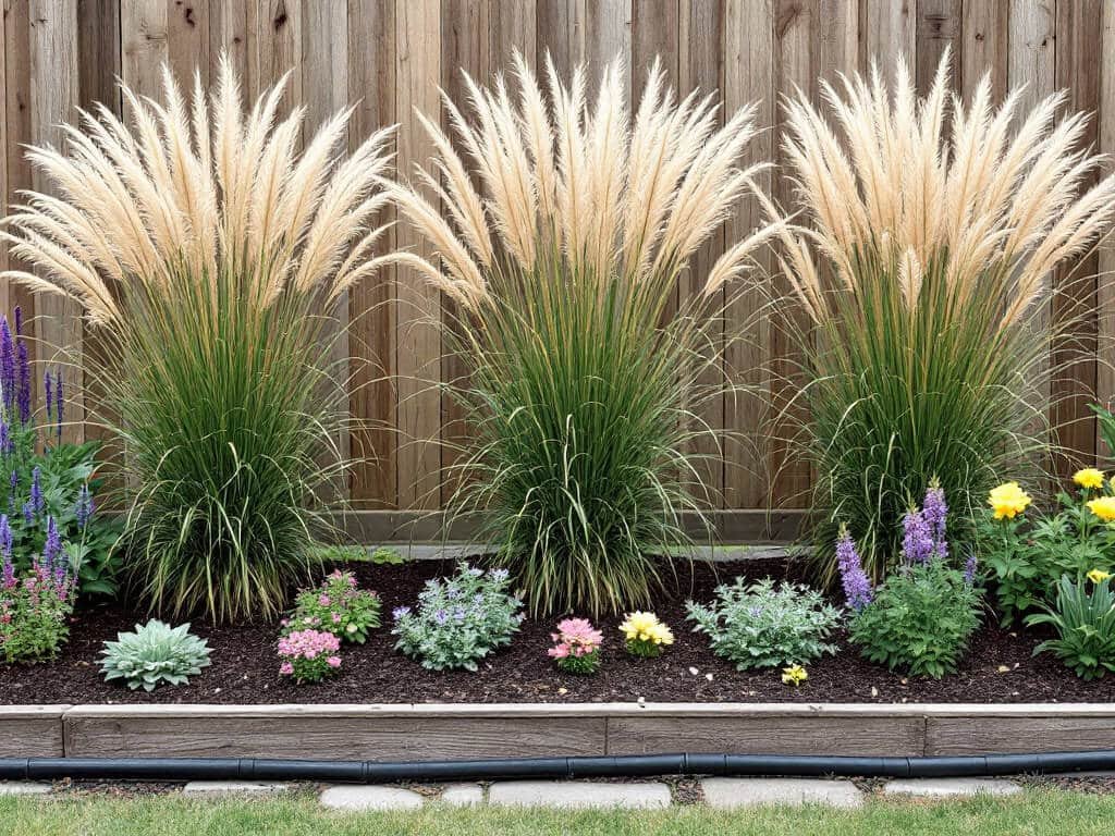 Garden border with Karl Foerster grass at the back and salvia, sedum, yarrow, and coneflower spaced in front.