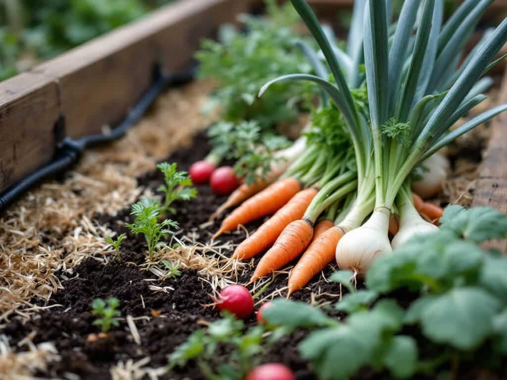 Carrots growing in a raised bed beside a row of onions, with radishes at the edge of the carrot row.