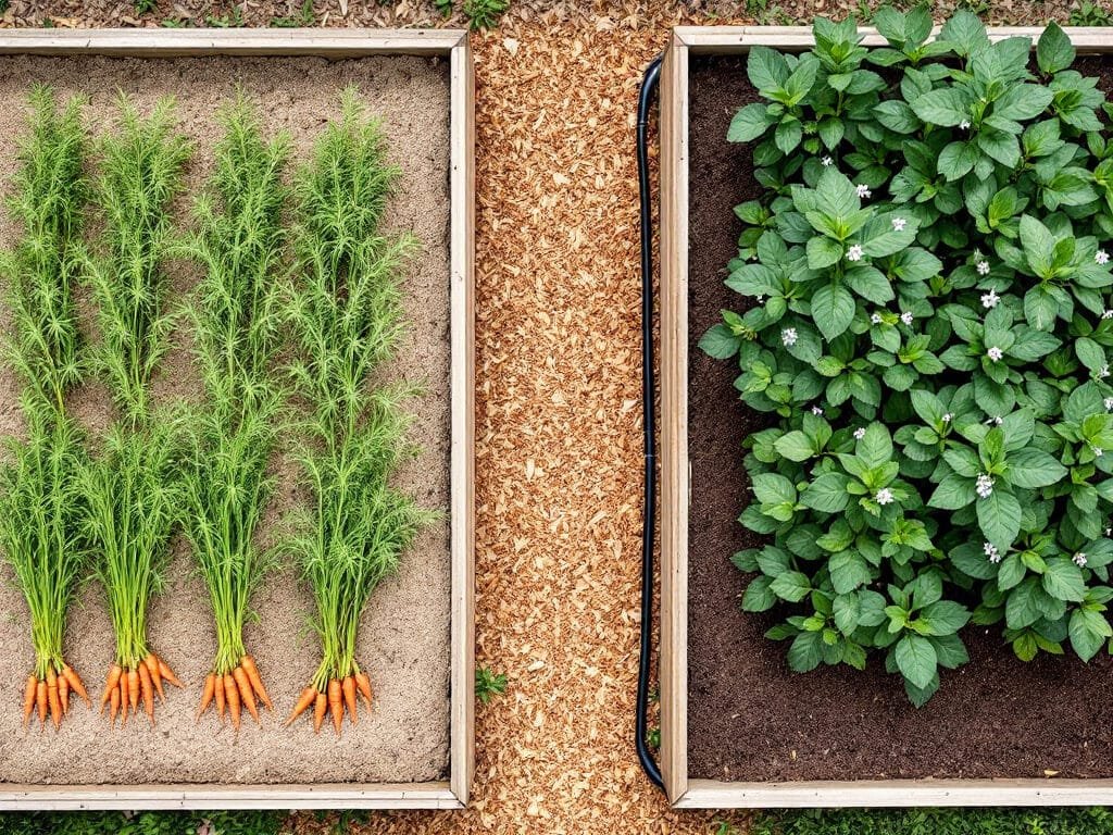 Top-down view of a carrot bed and a potato bed kept separate, with a wood-chip path between them.