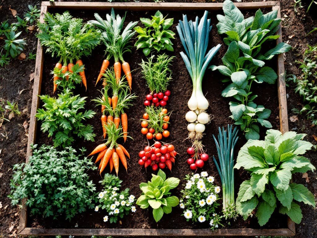 Raised bed with carrot rows beside onions, leeks and radishes, and parsley, alyssum and chives along the edge.