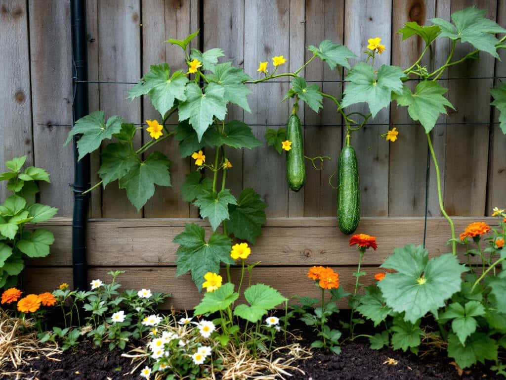 Cucumber vine on a trellis in a raised bed with nasturtium, marigold and sweet alyssum planted along the front edge.