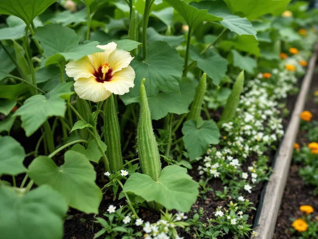 Okra plants with yellow flowers and green pods growing above sweet potato vines and white sweet alyssum in a raised bed.