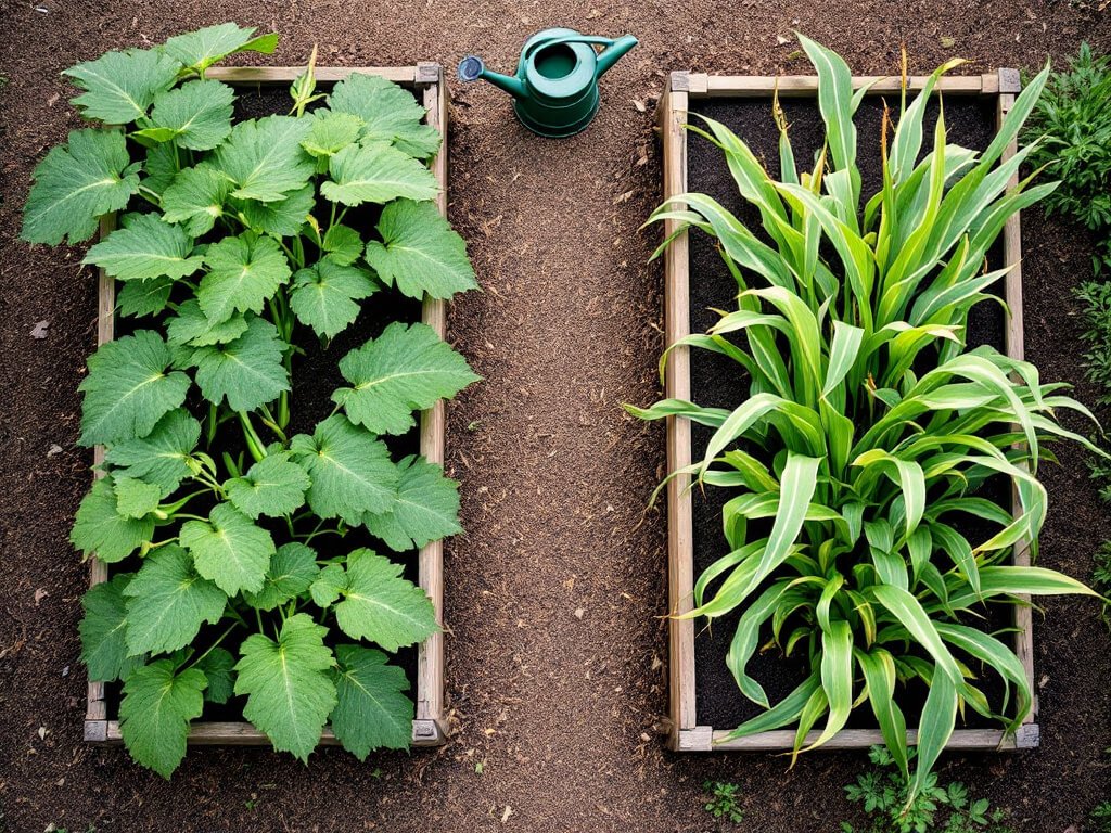 Okra in one raised bed and sweet corn in a separate raised bed, seen from above with a mulched path between them.