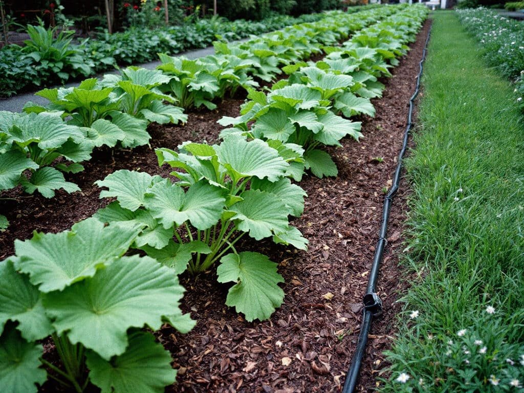 A row of evenly spaced okra plants with lettuce, radish, green onion, and sweet alyssum planted along the bed edge.