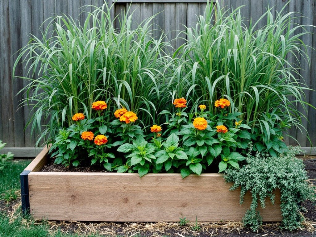 Lemongrass clump in a raised bed with basil, French marigolds and creeping thyme growing in front of it.
