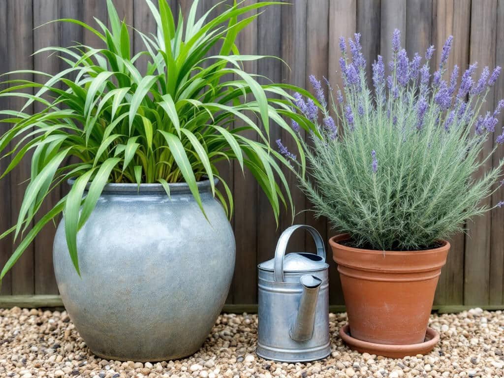 Lemongrass in a glazed pot beside lavender in a terracotta pot, each in its own container on a patio.