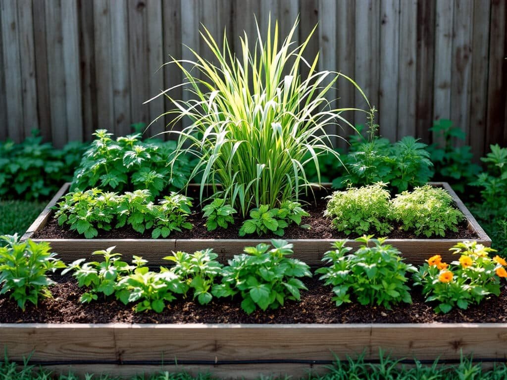 Raised bed layout with a lemongrass clump at the back and basil, parsley, oregano and nasturtium in rings in front.