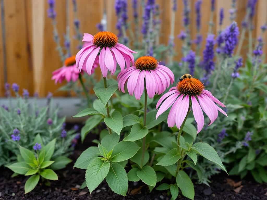 Purple coneflower blooming beside blue salvia, Russian sage, and lavender in a mulched home garden bed.