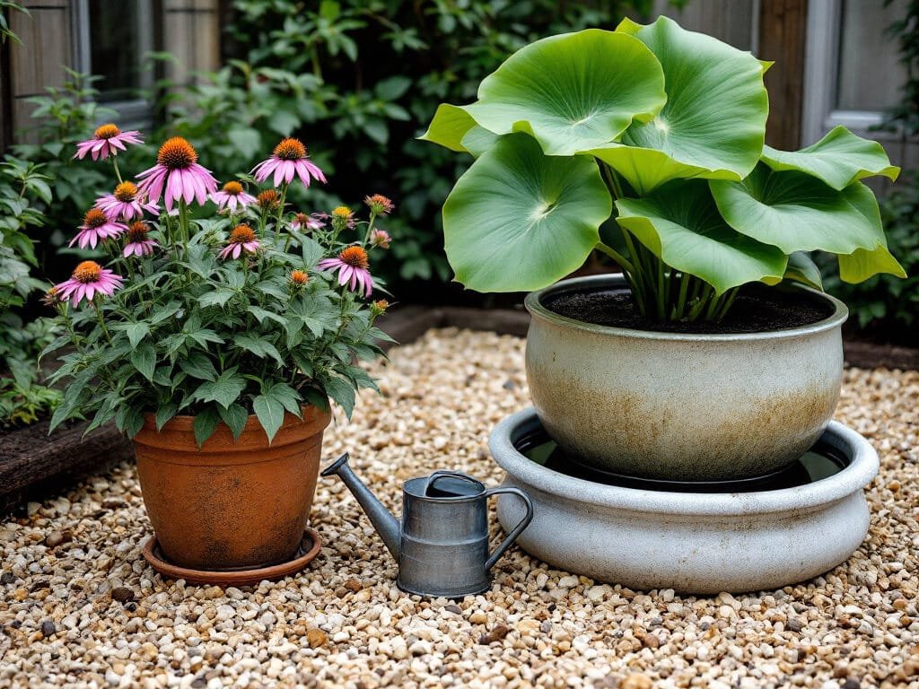 Purple coneflower in a dry terracotta pot beside an elephant ear in a pot standing in water.