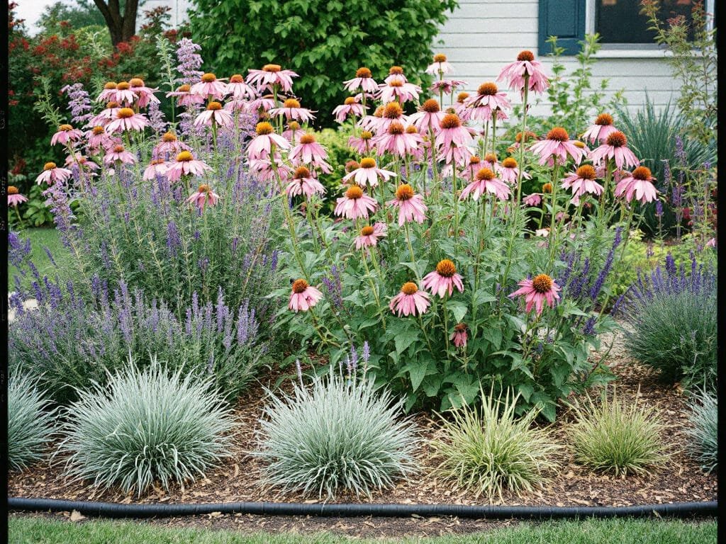 Garden bed with coneflowers and Russian sage at the back, lavender along the front edge, and grass between, spaced apart.