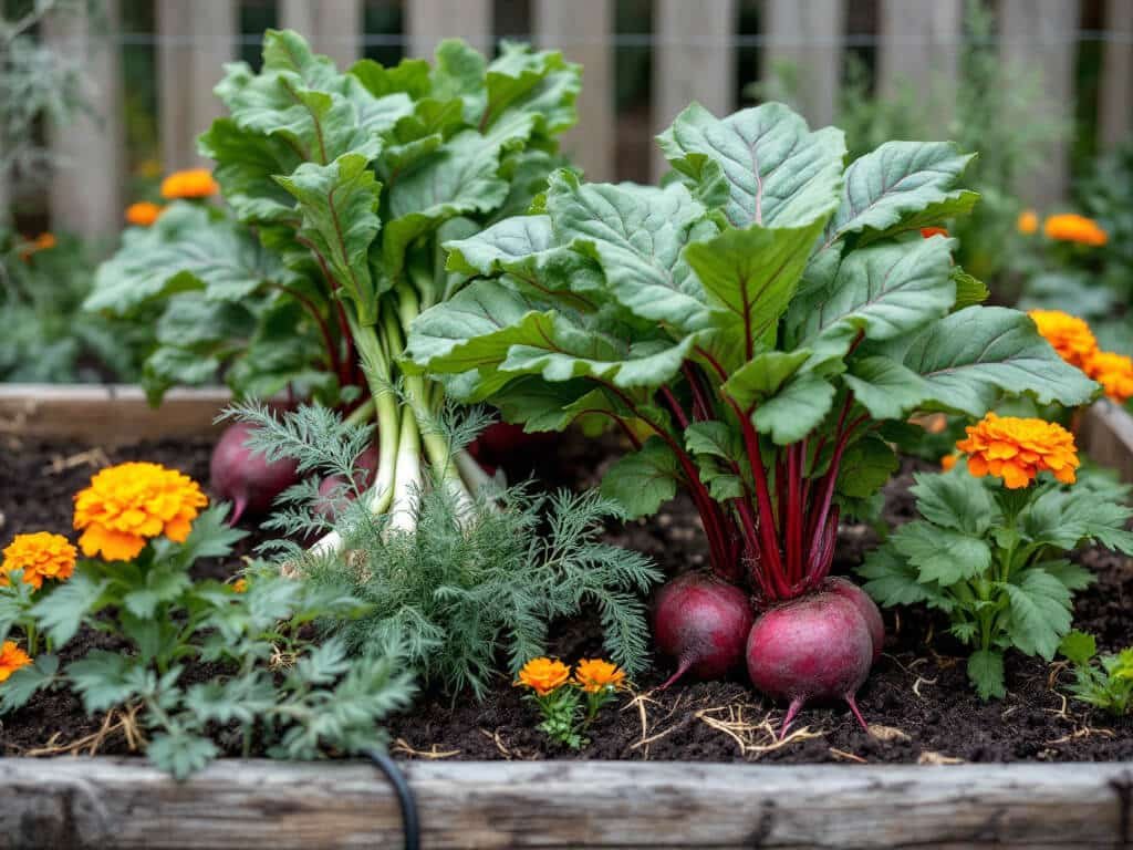 Beets growing in a raised bed beside bunching green onions, dill, and orange marigolds.