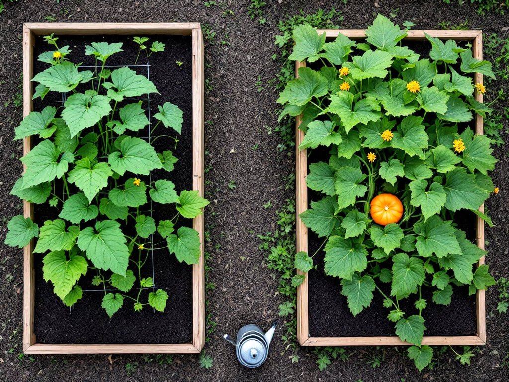 Overhead view of a cucumber on a trellis in one raised bed and a sprawling pumpkin vine in a separate bed beside it.