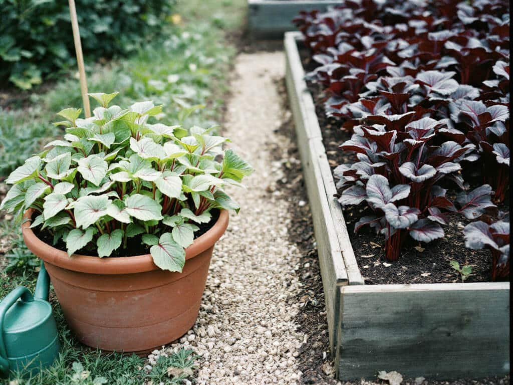 Crowded beet seedlings wilting in a small pot beside healthy, evenly spaced beets in a raised bed.