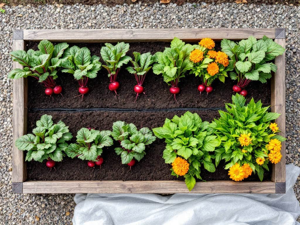 Top-down view of a raised bed with evenly spaced beet rows, a radish row, green onions, and marigolds.