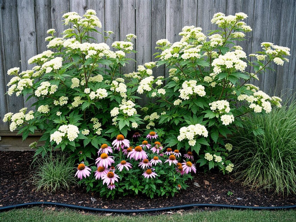 Two flowering elderberry shrubs in a garden border with purple coneflower and native grass planted in front.