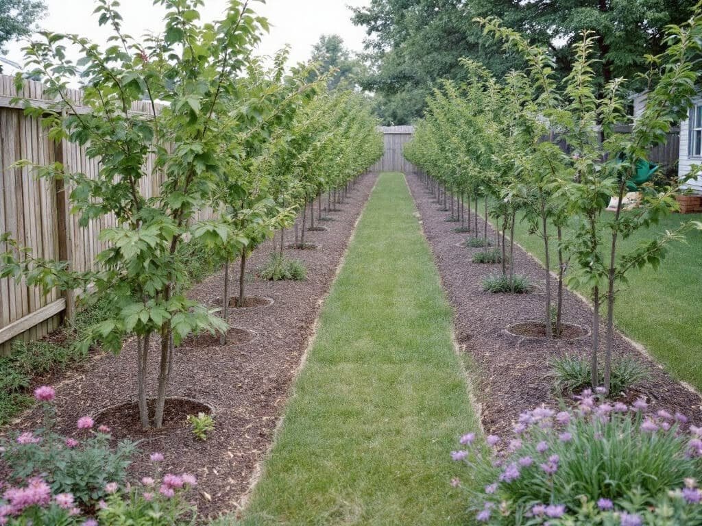 Rows of young elderberry shrubs with mulched bases and a grass strip between rows, coneflowers at the bed edge.
