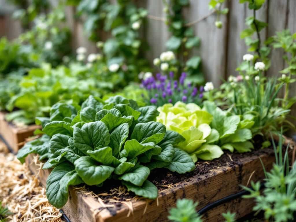 Spinach growing in a raised bed beside butterhead lettuce, chives, and pea vines on a trellis.