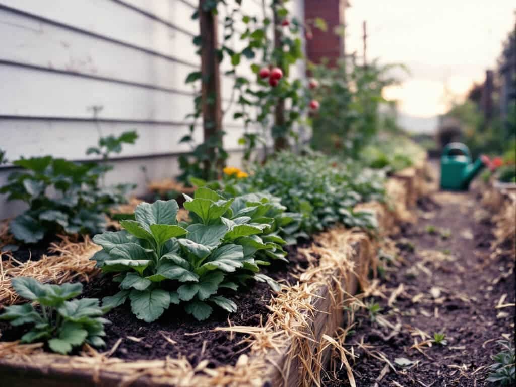 A spinach row spaced evenly in a raised bed beside lettuce, chives, radishes, and trellised peas.