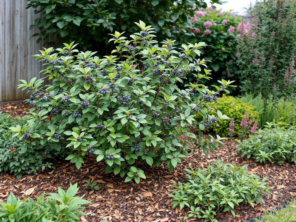 Highbush blueberry shrub in a raised bed with lingonberry and heather planted along the front edge.