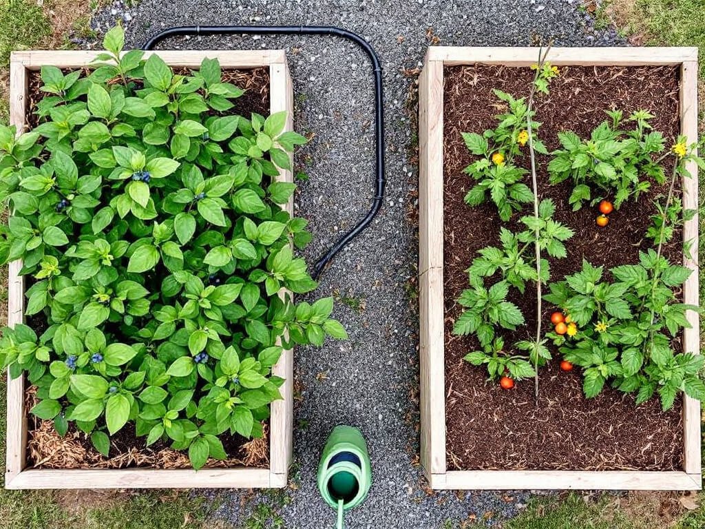 Blueberry shrub and staked tomato plants growing in two separate raised beds divided by a gravel path.