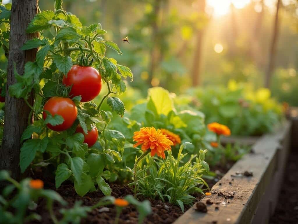 Tomato and basil companion planting in a raised bed with calendula, lettuce, and pollinator-friendly flowers in warm sunlight.