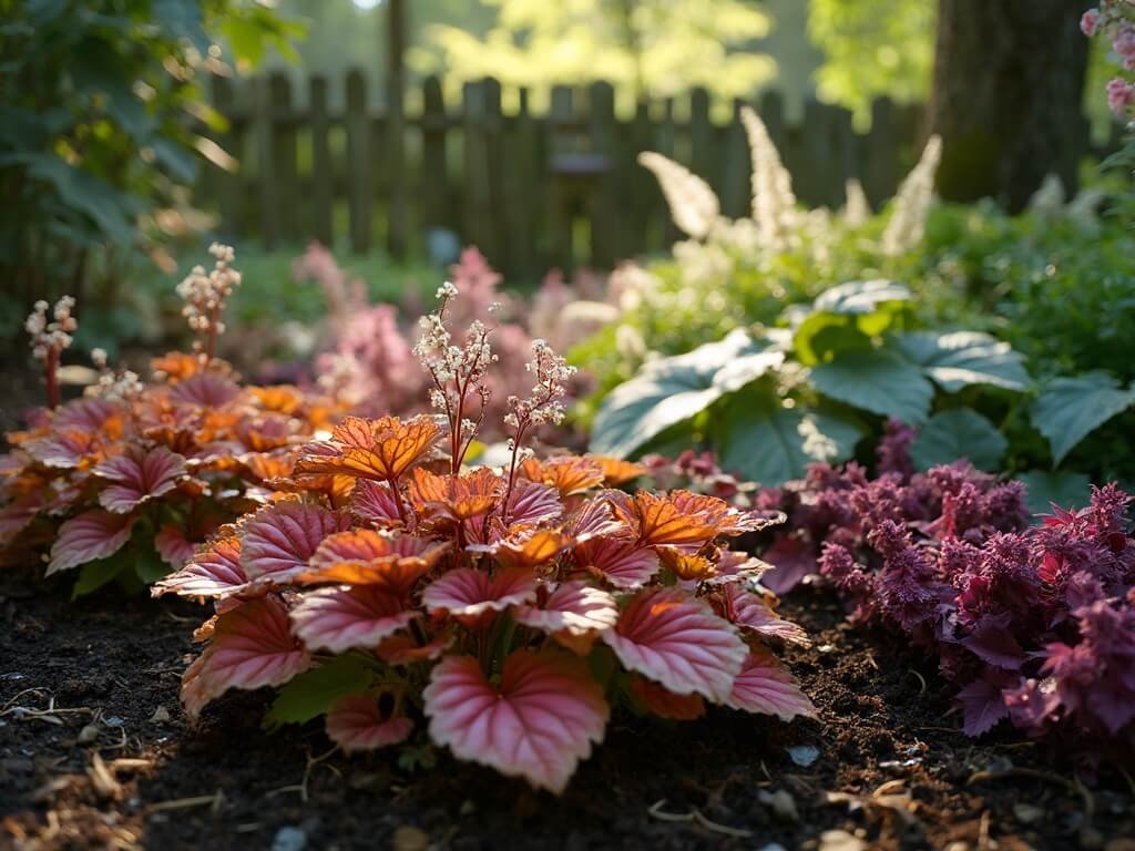 Shade garden with coral bells, foamflower, hosta, and astilbe in dappled sunlight.