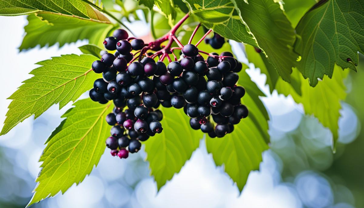 Image description: A close-up photograph of elderberries on the plant.